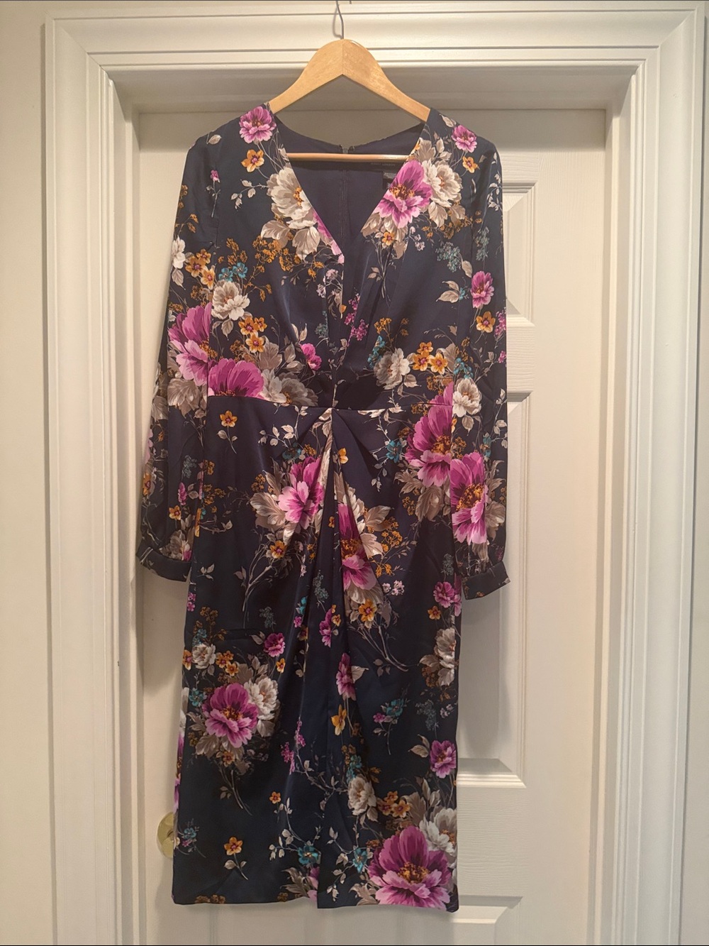 Maggy London Navy V-neck Floral Dress with Pink & Cream Blooms